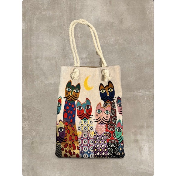 Colorful Woven Cat Tapestry Rope Tote Bag – Whimsical Art Cats with Moon